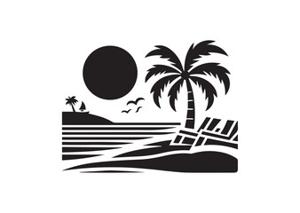 Naklejka premium Beach with Palm Tree Silhouette Vector Illustration