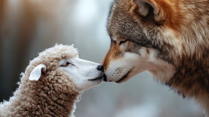 A serene and tender interaction between a wolf and a lamb, showcasing an unexpected bond that conveys warmth, innocence, and the beauty of nature's contrasts.
