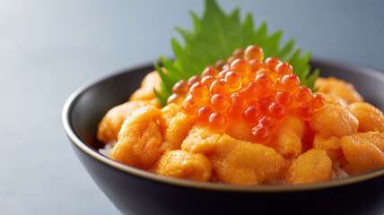 Uni sea urchin and salmon roe served on rice in black bowl with green leaf