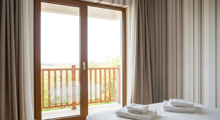 Modern bedroom interior design with balcony view and curtains home decor hotel room vacation rental