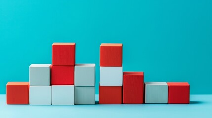 Obraz premium Stacked red white cubes on cyan background creating modern geometric pattern structure abstract 3D composition