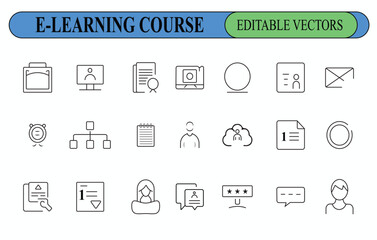 E Learning Course Icons Set Black Line Vector Graphics White Background eLearning