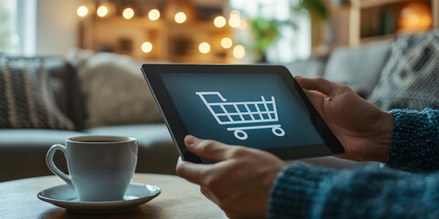 Person relaxing at home, enjoying a warm drink while shopping online using a tablet.