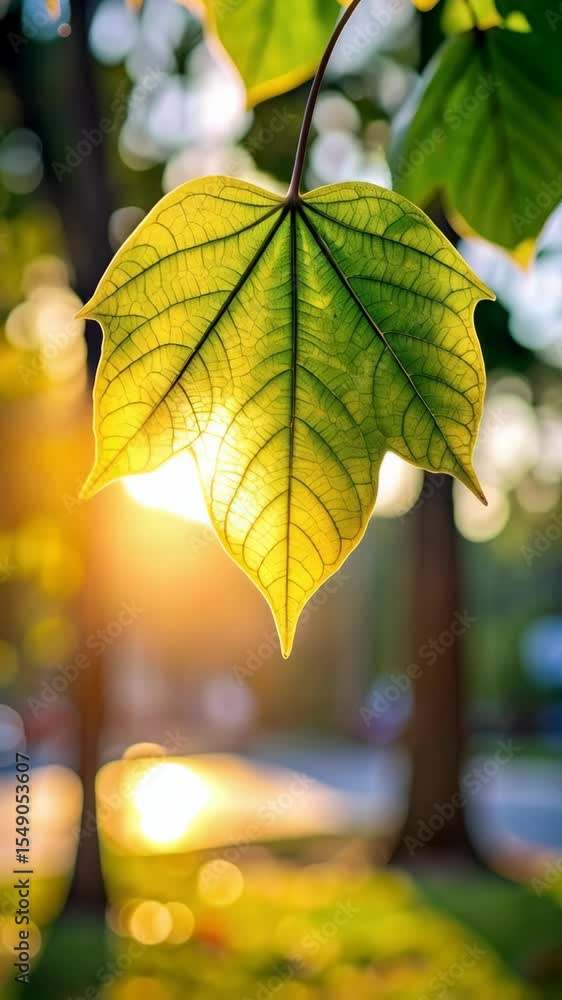 Poster backlit maple leaf hangs from tree branch in warm, sunny light with bokeh background on summer day