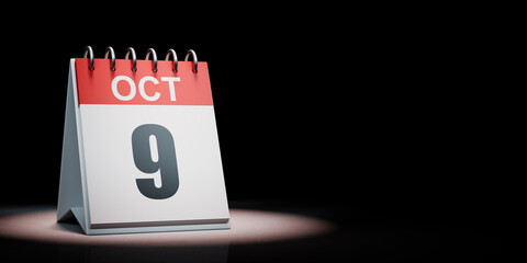 October 9 Calendar Spotlighted on Black Background