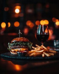 Delicious burger with fries and wine in dimly lit restaurant setting