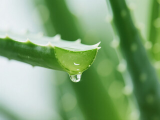 Dropping aloe vera liquid from leaf on natural green background with bokeh. Macro shot.