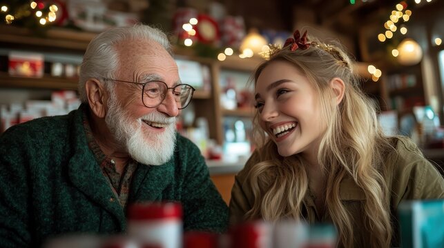 An affectionate moment shared between a cheerful grandfather and his granddaughter captures the warmth of family and the joy of intergenerational connection during the holiday season.