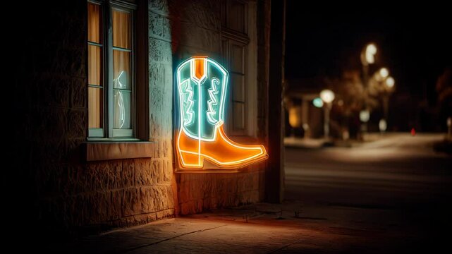 An eye-catching neon cowboy boot sign shines brightly on a building in a calm small town at night, creating a vibrant contrast against the dark surroundings.