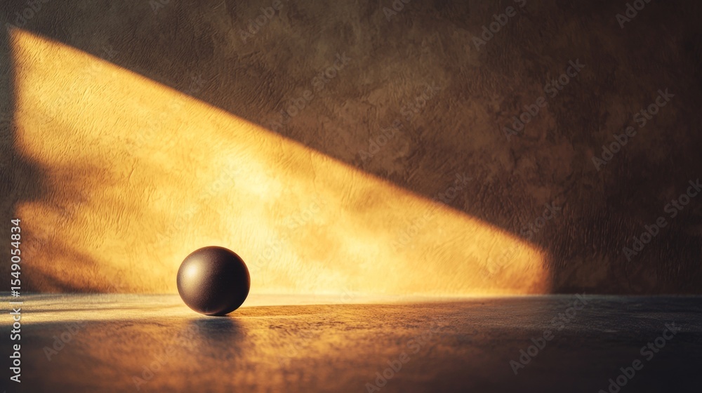 Aufkleber single black ball on dramatic golden light gradient surface creating minimal conceptual abstract bac