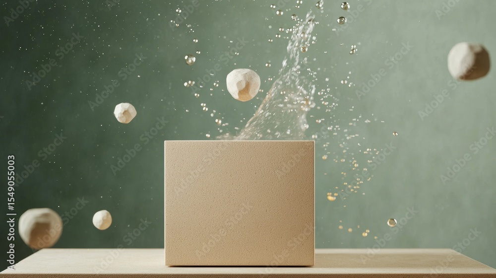 Poster cardboard box floating in air with balls in playful minimalist scene abstract packaging concept disp