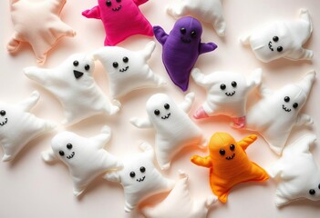 Obraz premium Adorable handmade fabric ghosts playfully scattered on white background , fabric ghost, handmade ghost