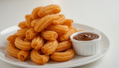 delicious golden fried churros served with rich chocolate dipping sauce on white plate