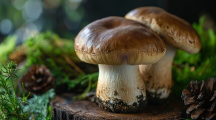 Pair of mushrooms on forest floor with green moss in natural wild mushroom organic food setting scene