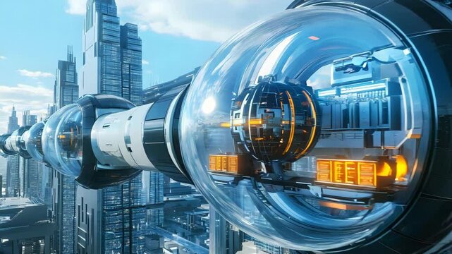 Floating hyperloop tubes interconnecting futuristic skyscrapers with magnetic transport pods inside, clear and focused image