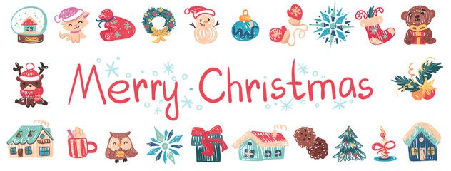 Crayon hand drawn Christmas frame with childlike characters. Fun pastel border with snowman, deer, cat, owl, gifts, huts, trees. Vector Doodle chalk style for banner, background, kids postcard.