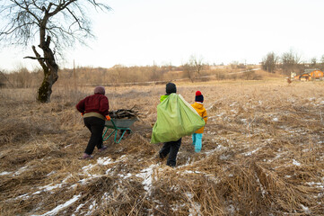 Family works together to collect firewood on a chilly winter afternoon in a rural landscape with barren trees and golden grass under a clear sky