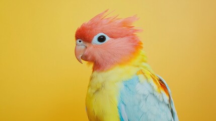 Colorful parrot portrait on yellow background with soft feathers and vibrant tropical bird closeup scene