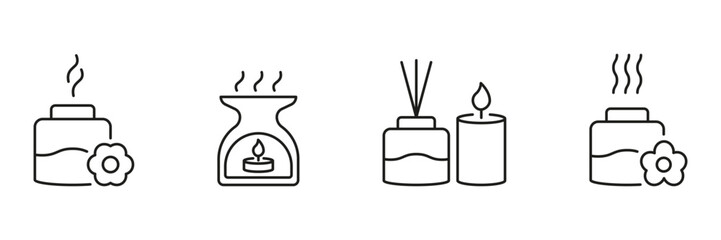 Aromatherapy And Scented Candle Line Icon Set. Relaxation, Wellness, And Home Fragrance Outline Symbol Collection. Spa And Meditation Elements. Editable Stroke. Isolated Vector Illustration