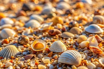 Seashells on sandy beach at sunset, close-up view of various shells