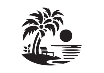 Beach with Palm Tree Silhouette Vector Illustration