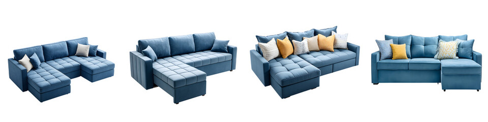 Blue Sectional Sofas: Modern Couches with Pillows on White Backdrop