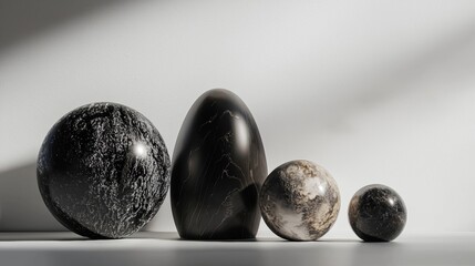 Black and white abstract stone eggs arranged in minimalist composition on reflective surface studio photography