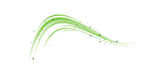 Abstract wind swirls with green leaves and glitter isolated on white background.