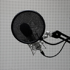 Professional microphone with mask filter for voice recording against sound absorbing panels in a recording studio