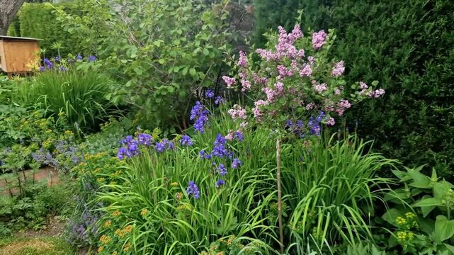 a combination of blue wild irises and hostas plants, Hosta plants are a perennial favorite among gardeners. Their lush foliage and easy care make them ideal for a low maintenance garden.