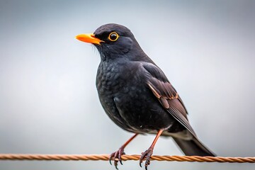 Fototapeta premium Blackbird with orange beak perched on a wire against a pale sky