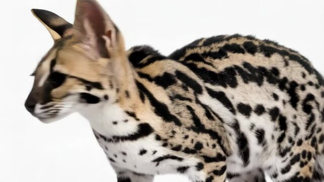 Solitary ocelot standing alert on white background showcasing patterned fur and striking amber eyes in studio setting