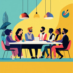 Creative business team collaborating in colorful modern office meeting, diverse professionals discussing around conference table
