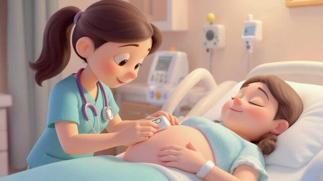 Checking on Expectant Woman Lying in Hospital Bed Health Care