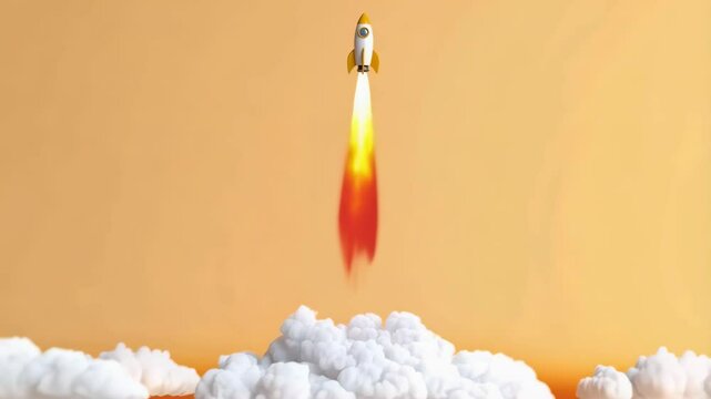 White and yellow rocket launching upwards through smoke on a golden background symbolizing success.