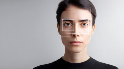 Face detection interface scanning a young woman
Digital interface analyzing a woman’s facial features for biometric identification. Minimalist background with focus on technology and accuracy.
