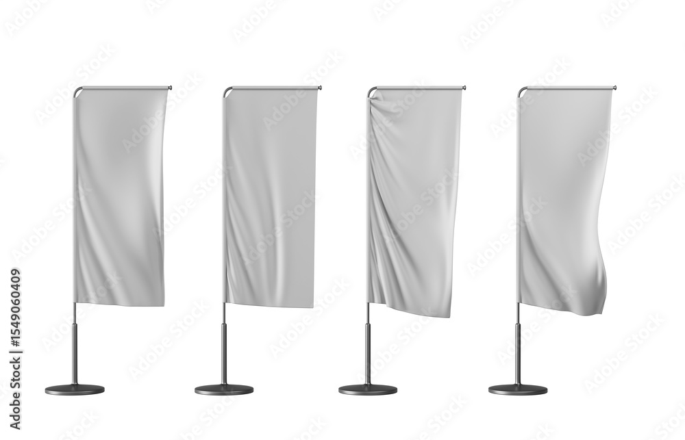Aufkleber white vertical rectangle banner flags and pennants on pole 3d render icon set. realistic mockup of b