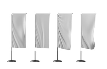 Obraz na płótnie Canvas White vertical rectangle banner flags and pennants on pole 3d render icon set. Realistic mockup of blank fabric promotion posters, advertising textile banners on metal black pillars
