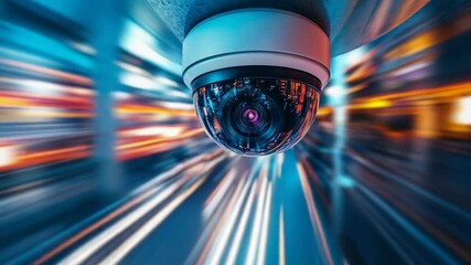 Surveillance camera capturing fast-moving city lights