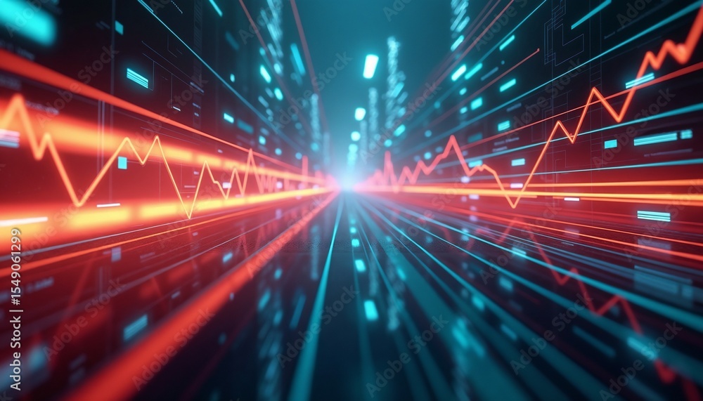Poster abstract digital data visualization with glowing geometric lines