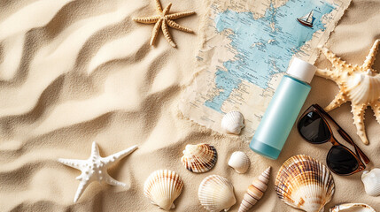 sunglasses, sea shells and sun cream on sand at daylight background