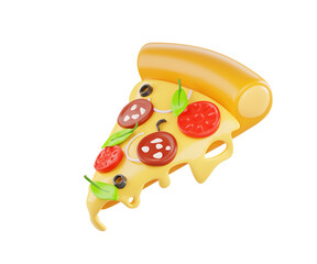 Pizza slice with flowing melted cheese and basil leaves 3d render icon. Italian food snack, margherita or pepperoni for menu with tomato, sausage, olive and hot cheddar or parmesan