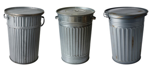 three metal trash cans with lids, isolated on background