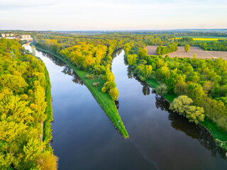 Aerial view capturing the stunning confluence of the Vltava and Labe rivers near Melnik, Czechia....
