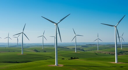 A wide landscape view of a wind farm with multiple wind turbines spread across rolling green hills under a clear blue sky, symbolizing clean energy and sustainability.