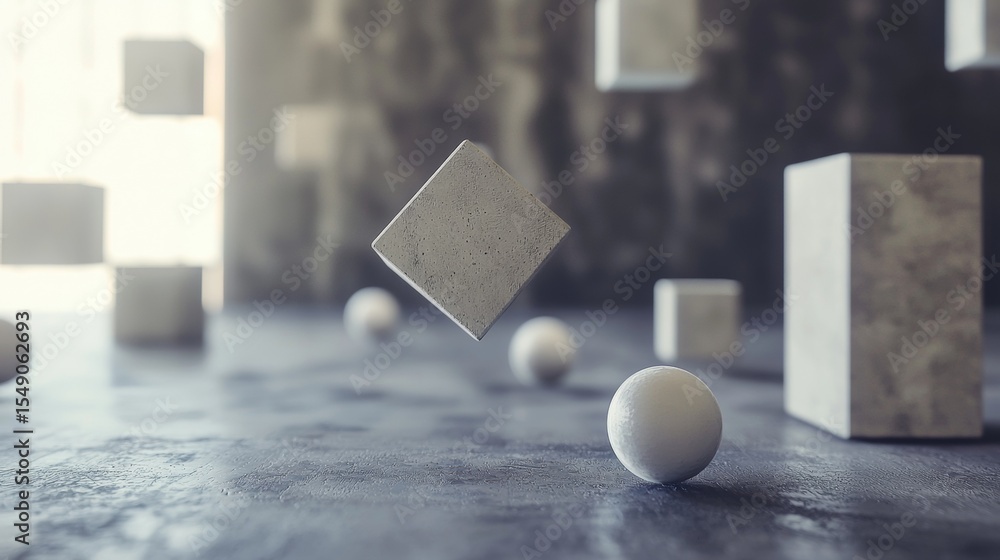 Poster floating geometric shapes on abstract dark background 3d render minimal surreal futuristic clean des