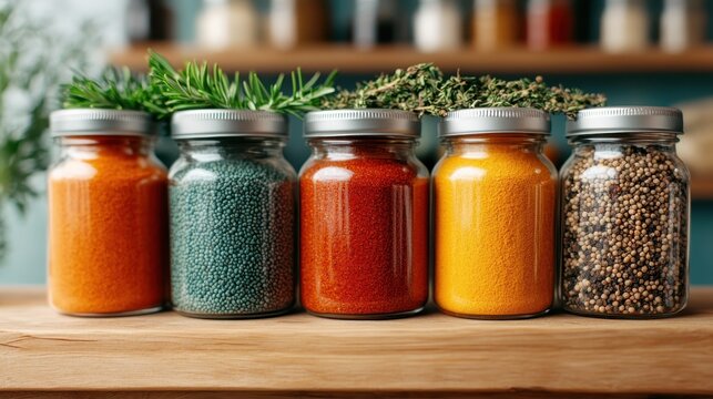 An array of vibrant spice jars filled with colorful spices like paprika, turmeric, and coriander; arranged neatly on a rustic wooden table, enhancing kitchen aesthetics.