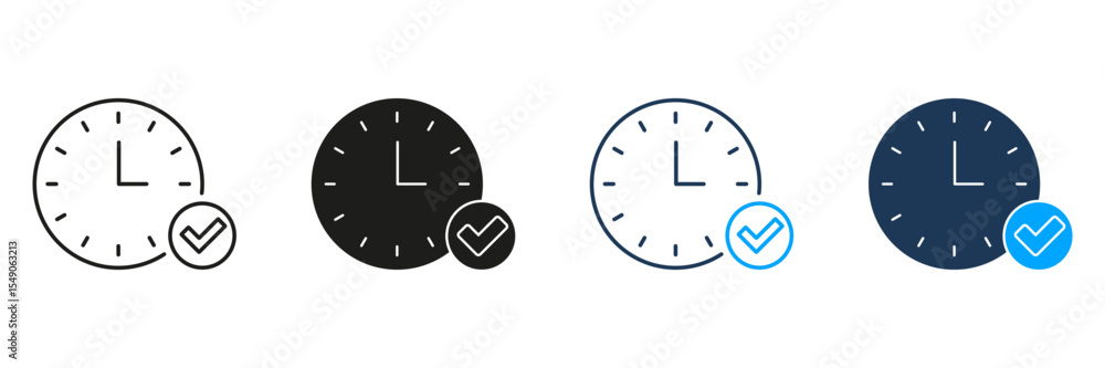 Poster clock with checkmark line and solid icon set. time management, task completion, and schedule confirm
