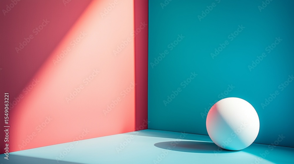 Poster white ball casting dramatic shadow on colorful geometric background minimal abstract modern composit
