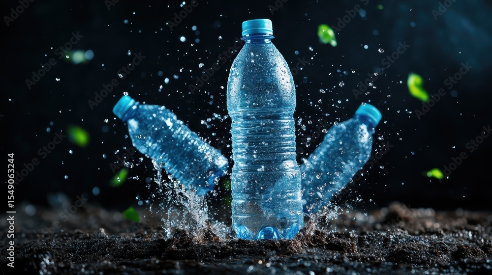 Poster three water bottles dramatically splashing in a dark setting, highlighted by shining light effects, 